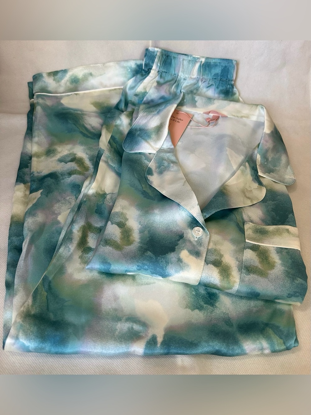 Eberjey Inez Washable Silk Printed Long PJ Set in Seafoam Sky Blue Lagoon/ Ivory